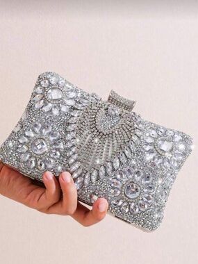 Silver Crystal Embellished Evening Clutch